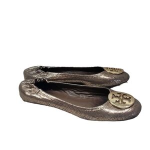 Tory Burch Womens Reva Logos Gold Metallic Loafer Flats Ballet shoes sz 8